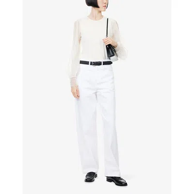 Me And Em And Em Womens Cream Feature-cuff Round-neck Stretch-woven Blouse In White