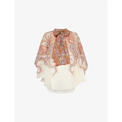 Zimmermann Rhiannon Tie-neck Ramie Shirt In Brown