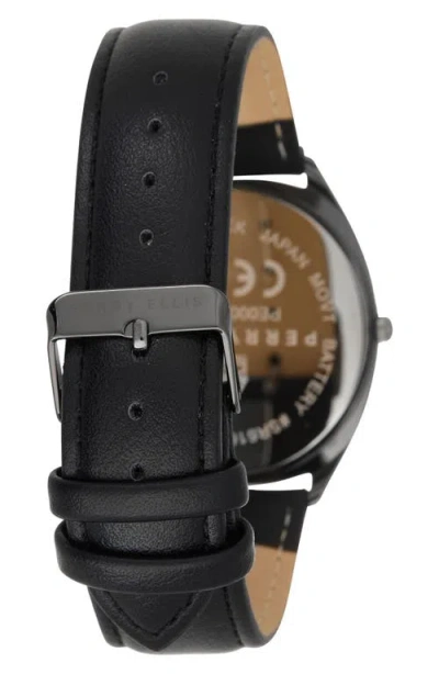 Perry Ellis Gunmetal Bezel Diamond Accent Leather Strap Watch, 41mm In Black
