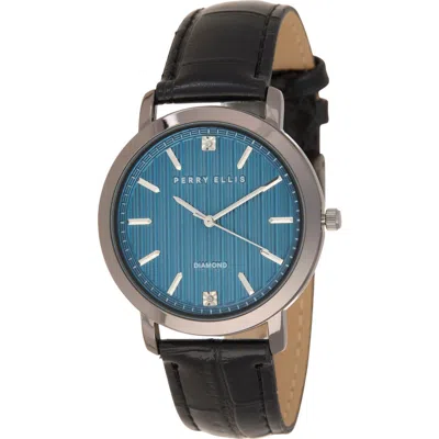 Perry Ellis Gunmetal Stripe Dial Diamond Accent Leather Strap Watch, 41mm In Black