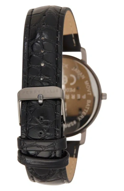 Perry Ellis Gunmetal Stripe Dial Diamond Accent Leather Strap Watch, 41mm In Black