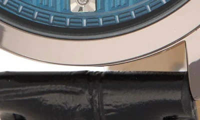 Perry Ellis Gunmetal Stripe Dial Diamond Accent Leather Strap Watch, 41mm In Black