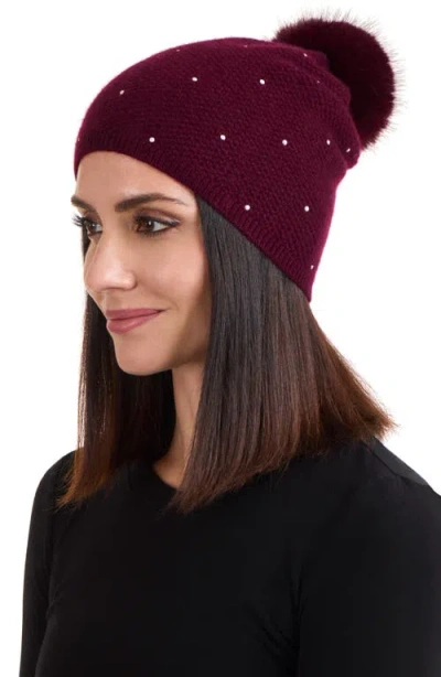 Sofia Cashmere Embellished Textured Cashmere Beanie With Faux Fur Pompom In Burgundy