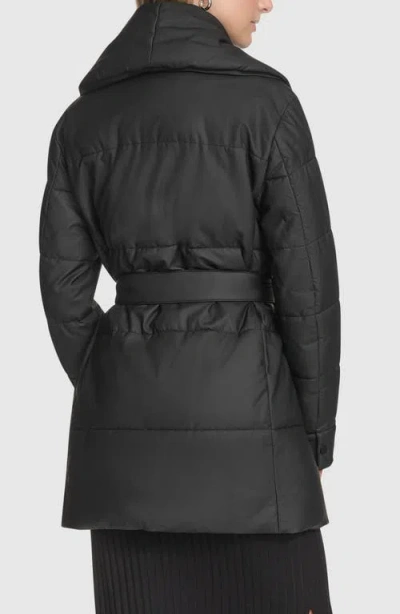 Andrew Marc Adela Faux Leather Shawl Collar Quilted Wrap Coat In Black