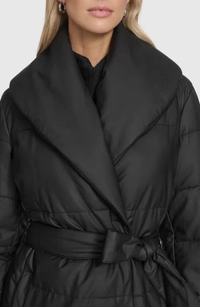 Andrew Marc Adela Faux Leather Shawl Collar Quilted Wrap Coat In Black