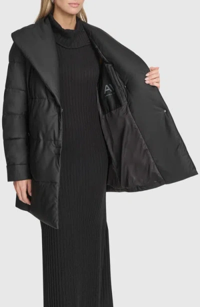 Andrew Marc Adela Faux Leather Shawl Collar Quilted Wrap Coat In Black