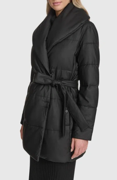 Andrew Marc Adela Faux Leather Shawl Collar Quilted Wrap Coat In Black