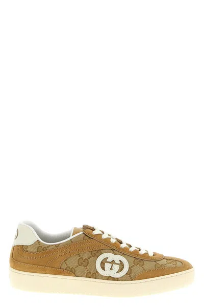 Gucci Beige G75 Sneaker In Suede And Gg Fabric Women In Brown