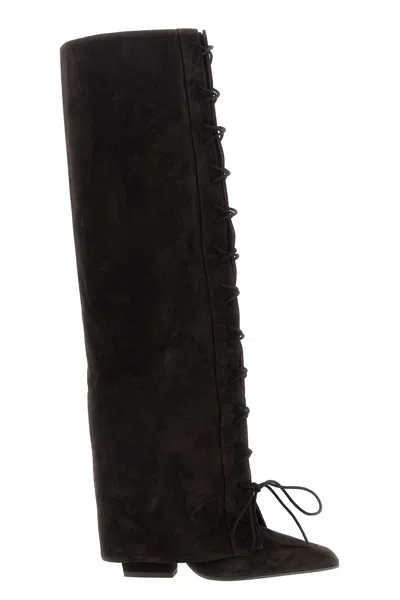Paris Texas Knee High Lace Up Suede Boots In Brown