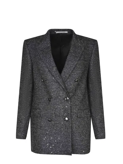 Tagliatore Double-breasted Herringbone Blazer With Notched Lapel In Gray