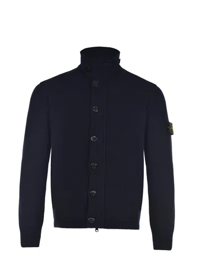 Stone Island High Neck Wool Cardigan In Black