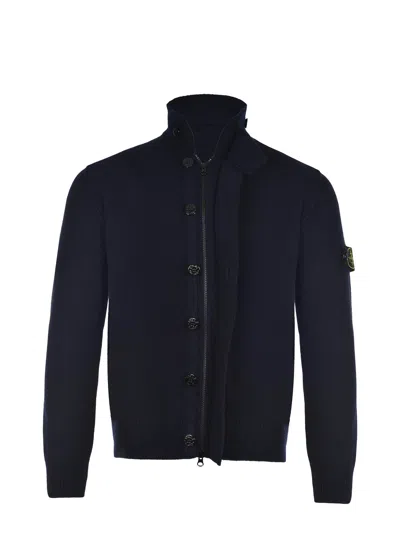 Stone Island High Neck Wool Cardigan In Black