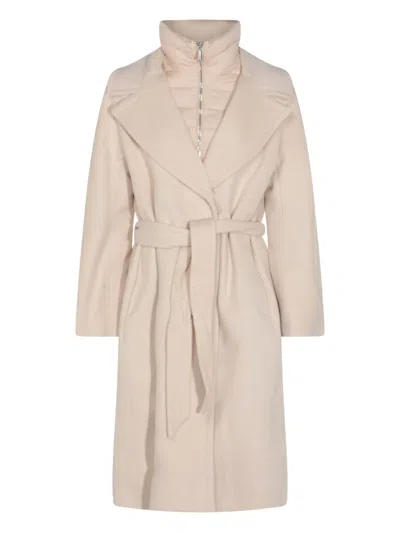 Moorer Long Quilted Jacket Belted Waist In Neutral