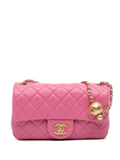Pre-owned Chanel 2019 Mini Rectangular Classic Lambskin Pearl Crush Single Flap Crossbody Bag In Pink