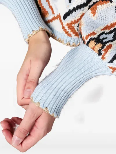 Farm Rio Light Blue Sweater With Tapestry Detail In Multi