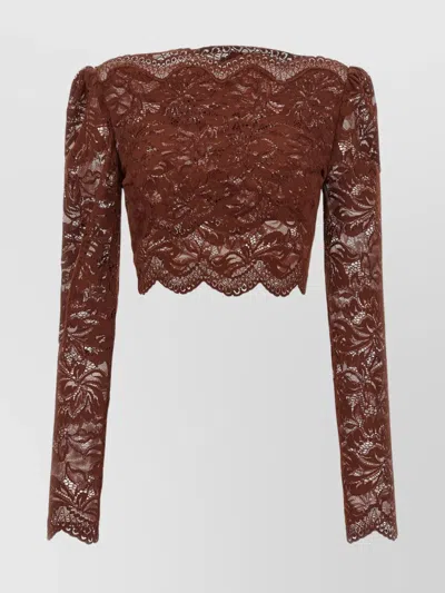 Rabanne Floral Lace Long Sleeve Cropped Top In Burgundy