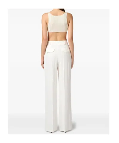 Elisabetta Franchi Tailored High-waisted Trousers In Soft Viscose-linen Blend In White