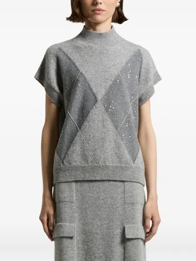 Peserico Lurex Geometric Jacquard Knit Short-sleeve Sweater In Gray