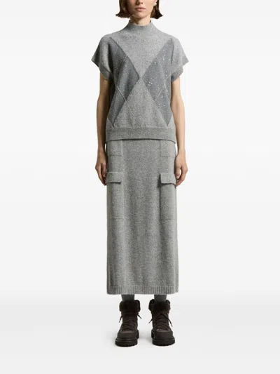 Peserico Lurex Geometric Jacquard Knit Short-sleeve Sweater In Gray