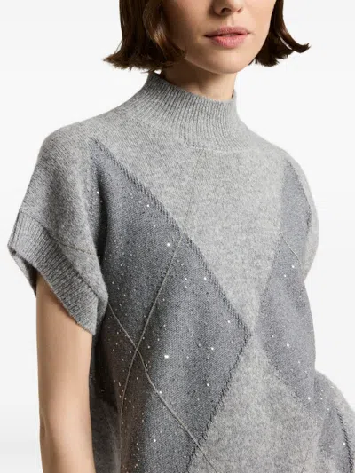 Peserico Lurex Geometric Jacquard Knit Short-sleeve Sweater In Gray