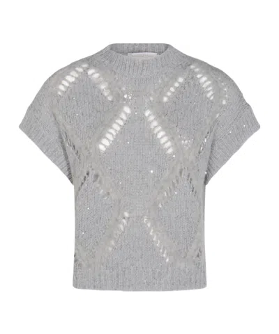 Antonelli Bohemian Mood Open-knit Cotton-blend Top In Gray