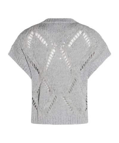 Antonelli Bohemian Mood Open-knit Cotton-blend Top In Gray