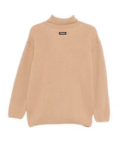 Msgm Turtleneck Sweater With Contrast Hem And Long Sleeves In Nude