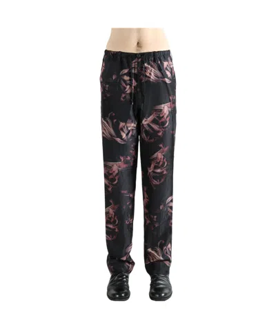 Dries Van Noten Floral Pattern Trousers Elastic Waistband In Black