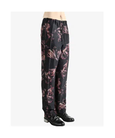 Dries Van Noten Floral Pattern Trousers Elastic Waistband In Black