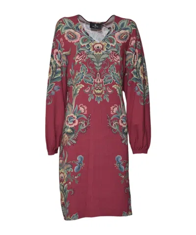 Etro V-neck Floral Dress In Brown
