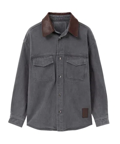 Wooyoungmi Grey Shirt With Patch Pockets On The Chest And Back Print In Denim Man In Animal Print