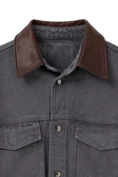 Wooyoungmi Grey Shirt With Patch Pockets On The Chest And Back Print In Denim Man In Animal Print