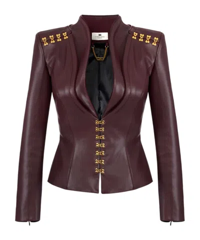 Elisabetta Franchi Brown Faux Leather Jacket With Gold Hooks And Shoulder Details In Burgundy