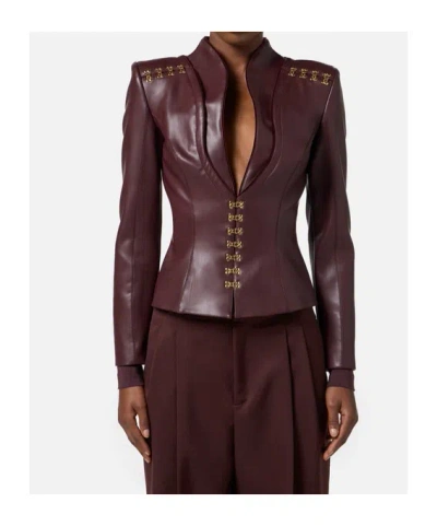 Elisabetta Franchi Brown Faux Leather Jacket With Gold Hooks And Shoulder Details In Burgundy