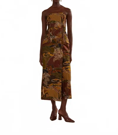 Farm Rio Strapless Buttonned Midi Dress In Savana Dream Caramel In Brown