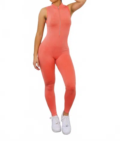 Surelymine Mineral Wash Front Zipper Snatched Jumpsuit In Orange In Orange