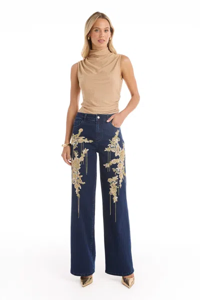 The Noli Shop Rocco Gold Embellished Jean In Blue