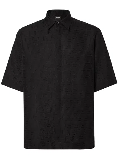 Fendi Men Black Oversize Shirt With Short Wide Sleeves And All-over Ff Embroidery In Linen Blend Man In Black