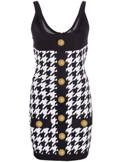 Balmain Houndstooth Motif Two-tone Dress With Golden Buttons In Black