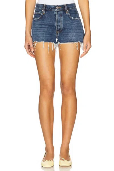 Frame Looped Five-pocket Frayed Hem Short In Blue