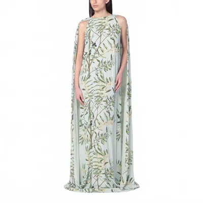 Bernadette Minnie Cape-effect Embellished Floral-print Crepe De Chine Gown In Blue