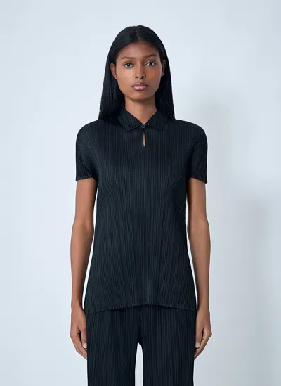 Issey Miyake Pleated Button Polo Top In Black