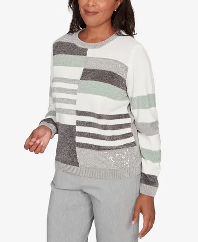 Alfred Dunner Stockbridge Womens Crew Neck Long Sleeve Striped Pullover Sweater In Gray