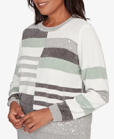 Alfred Dunner Stockbridge Womens Crew Neck Long Sleeve Striped Pullover Sweater In Gray