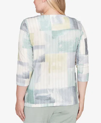 Alfred Dunner Petite Stockbridge Soft Colorblock Rib Texture Knit Top In Green