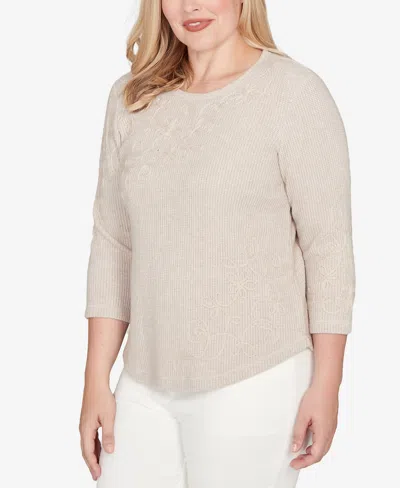 Alfred Dunner Vienna Asymmetrical Floral Soutache Knit Top In Brown