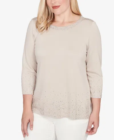 Alfred Dunner Vienna Heat Set Sparkle Ombre Border Knit Top In Brown