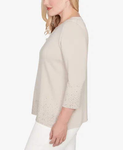 Alfred Dunner Vienna Heat Set Sparkle Ombre Border Knit Top In Brown