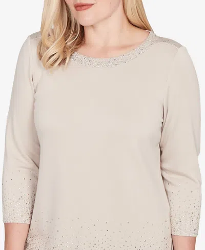 Alfred Dunner Vienna Heat Set Sparkle Ombre Border Knit Top In Brown