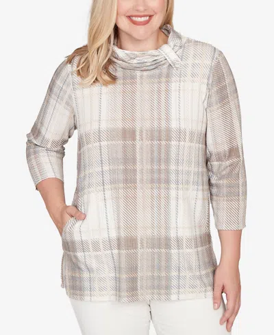 Alfred Dunner Petite Vienna Draped Cowl Neckline Plaid Knit Top In Neutral